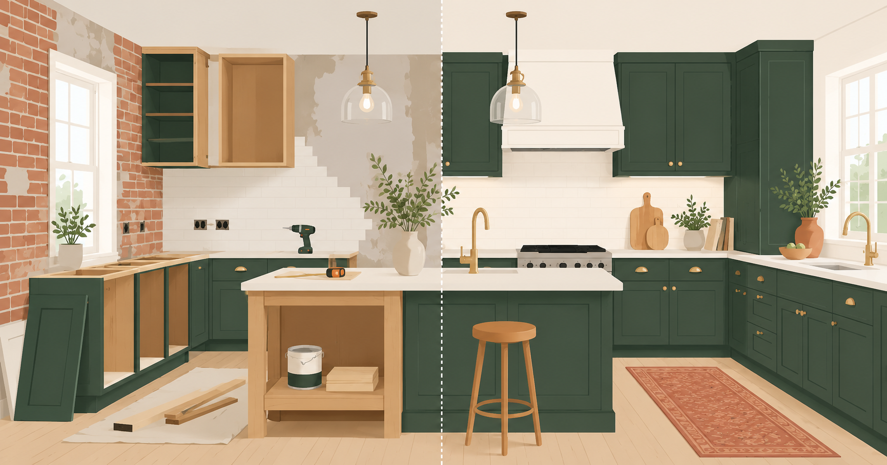 Split illustration showing a kitchen mid-renovation on the left and a finished kitchen on the right