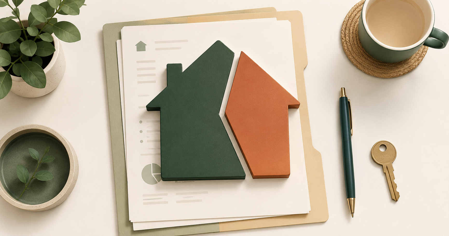 A house-shaped pie chart split into two unequal slices, resting on a folder of documents beside a pen and a single key