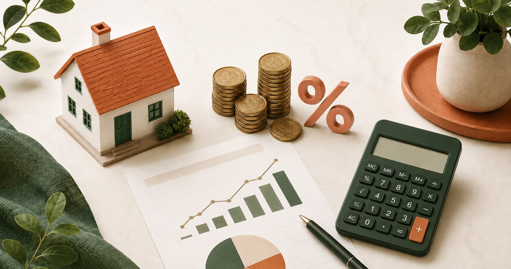 A small house model beside a stack of coins with a percentage symbol, a calculator and a charted document, viewed from above