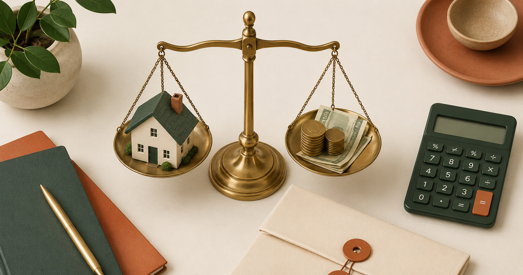 Brass balance scales weighing a small house against a stack of coins and banknotes, with a calculator and a document beside them