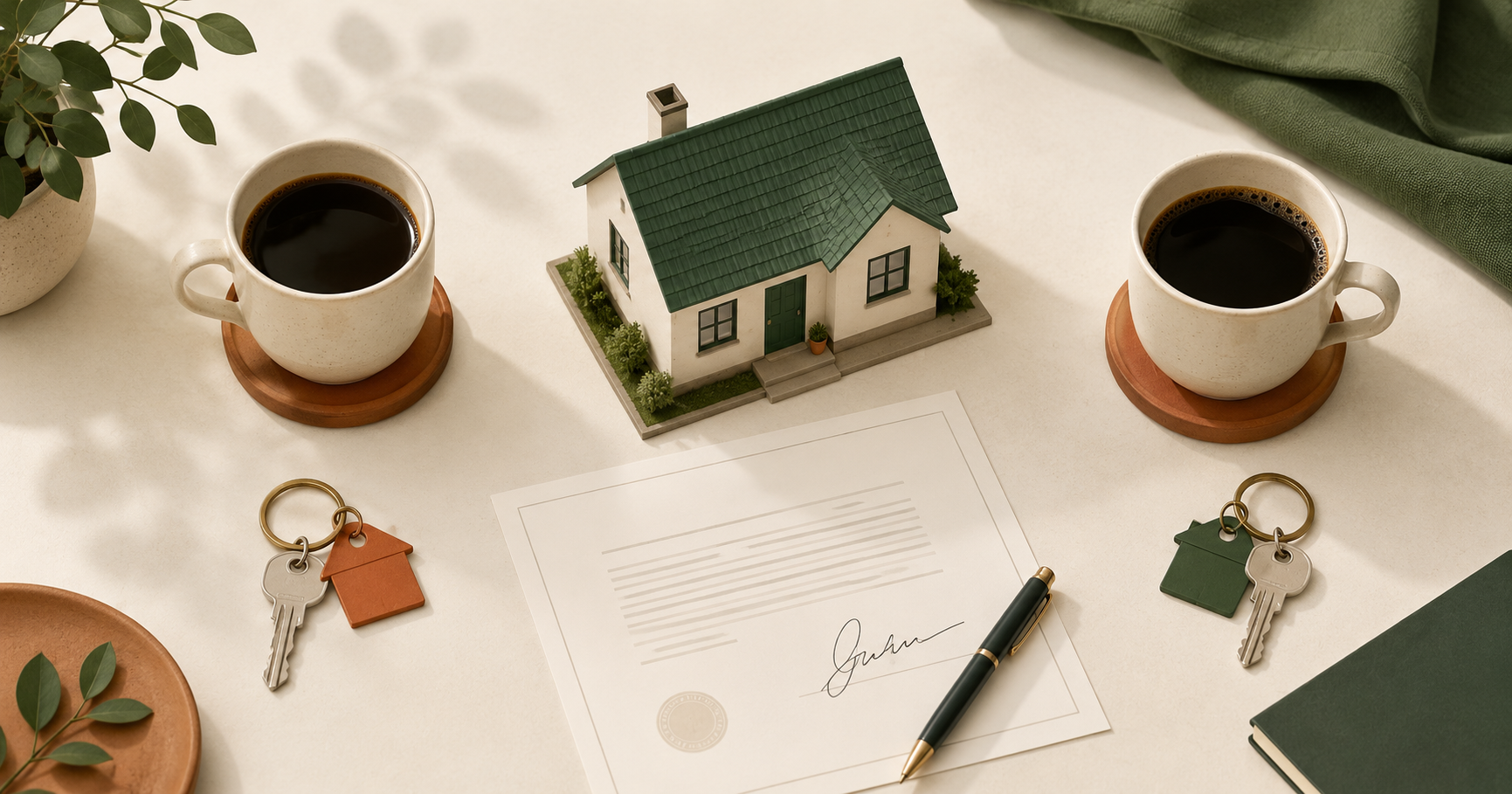 Two coffee cups and two sets of keys beside a single house model and a signed document, viewed from above