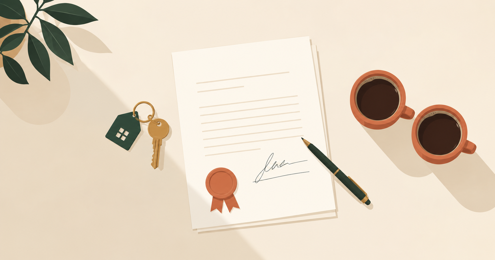 A desk with a house key, signed legal document, pen, and two coffee cups viewed from above