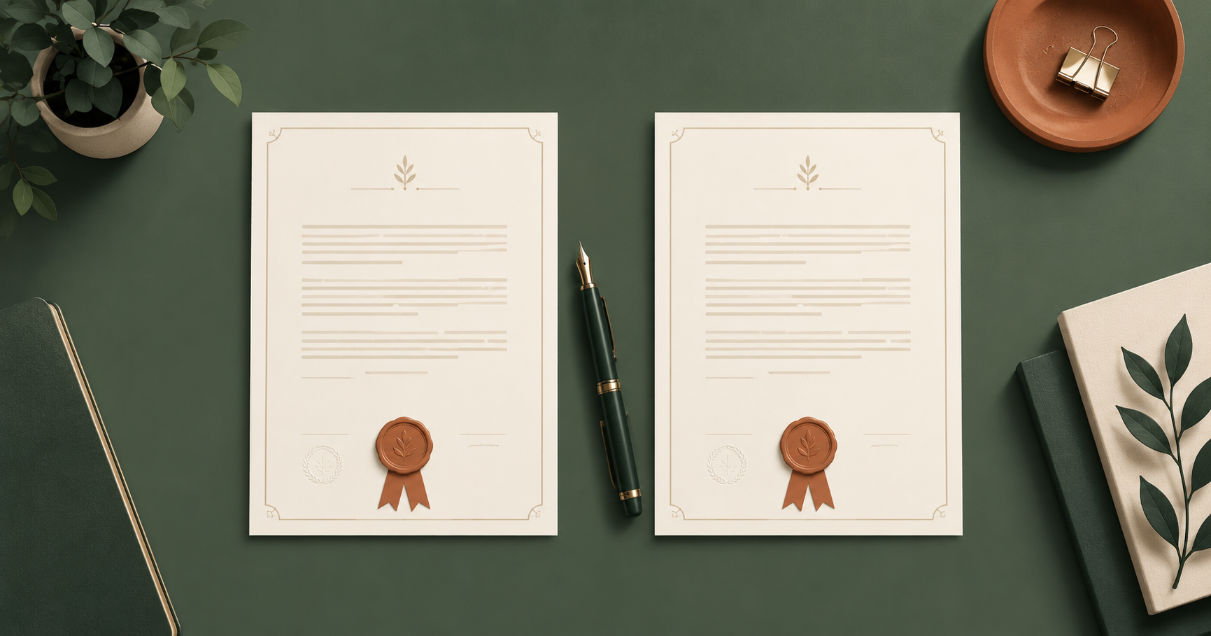 Two near-identical legal documents side by side on a desk, each with a wax seal, a fountain pen resting between them