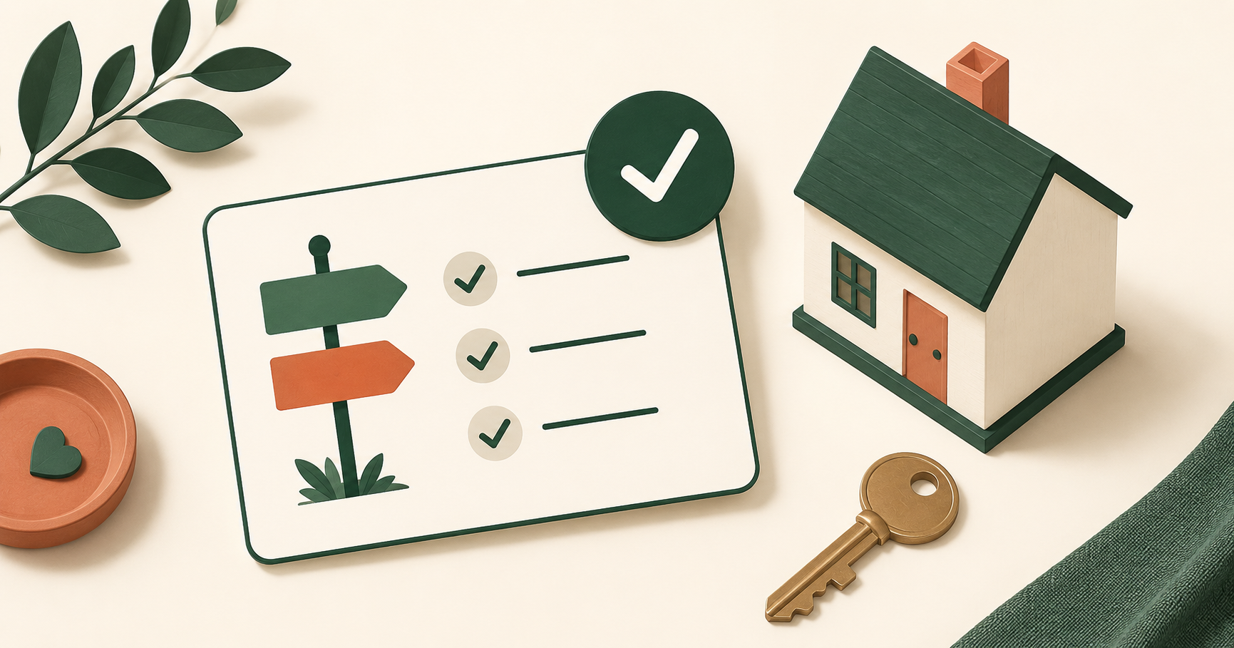 A checklist with a tick beside a small house model and a key, suggesting a quick decision tool