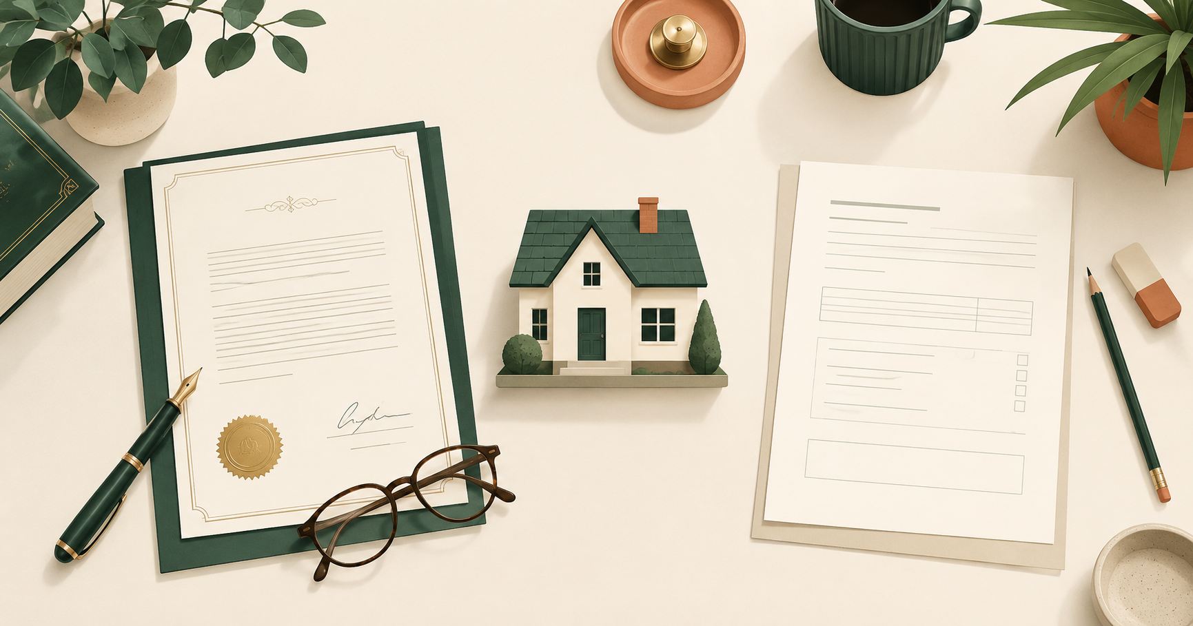 A solicitor's desk from above with a signed document, pen and glasses on one side and a plain DIY form on the other, a small house model between them