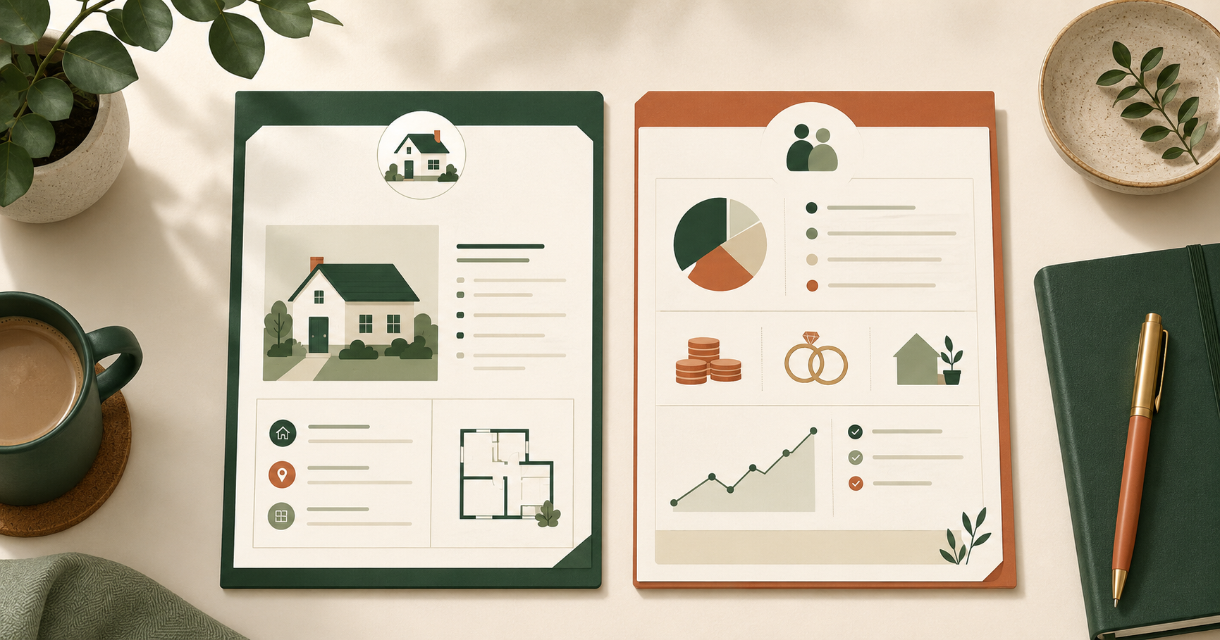 Two documents side by side, one about a single house and one about a couple's wider finances, shown as a comparison