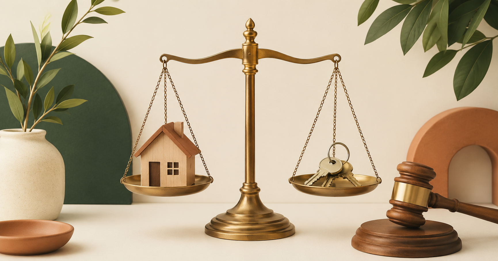 A small house and a set of keys balanced on a pair of scales, with a wooden gavel resting beside them