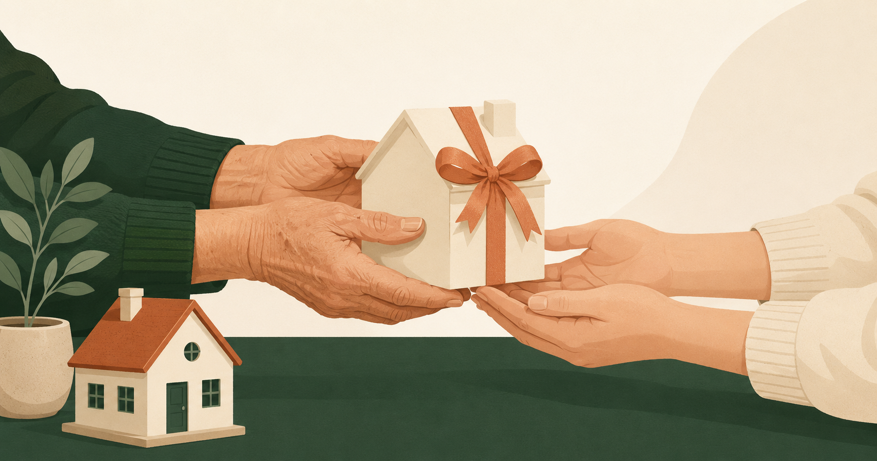 Older hands passing a small house-shaped gift to younger hands, with a house model nearby
