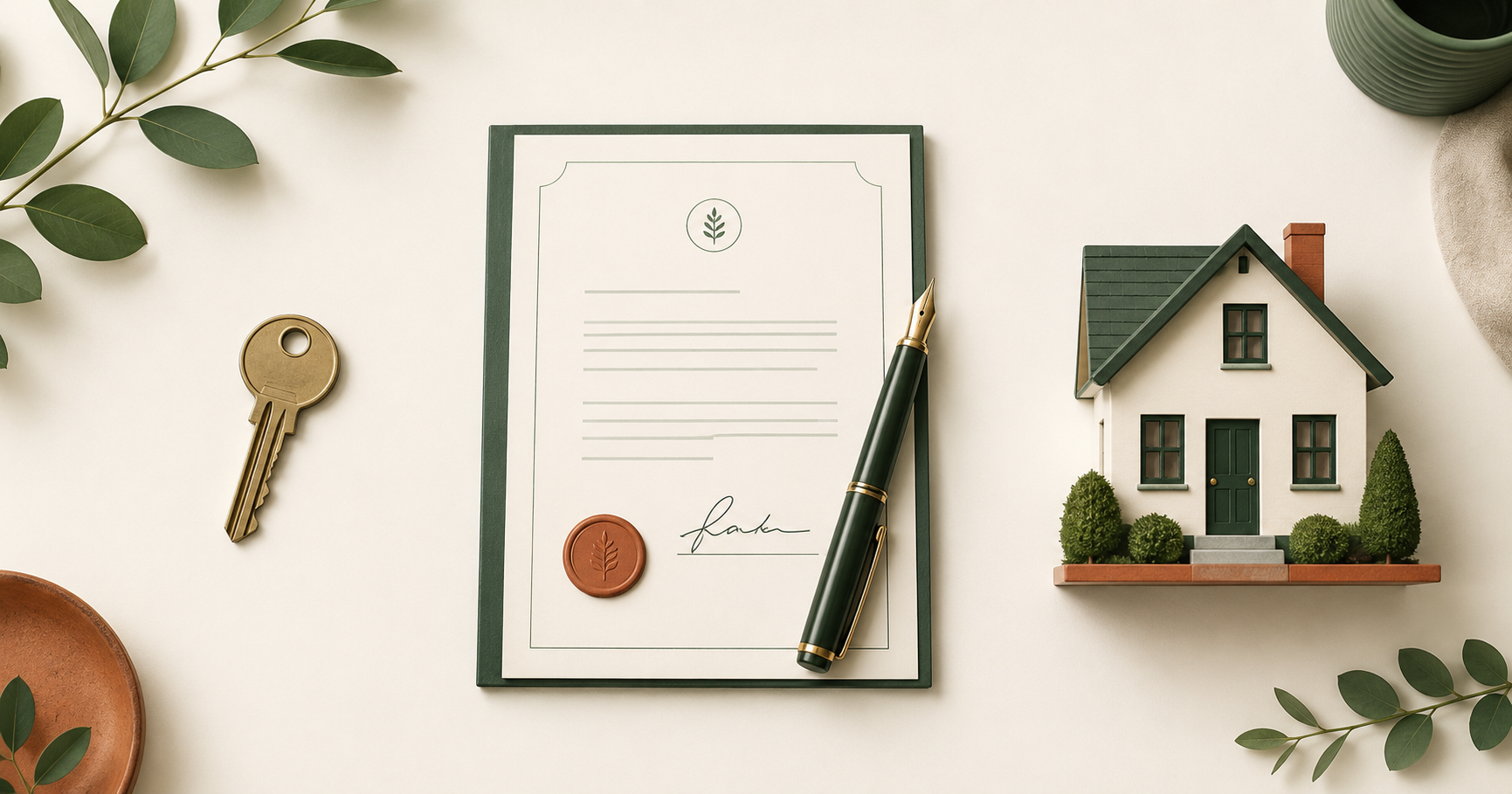 An overhead sequence of a house key, a signed document with a pen, and a small house model, suggesting steps in a process
