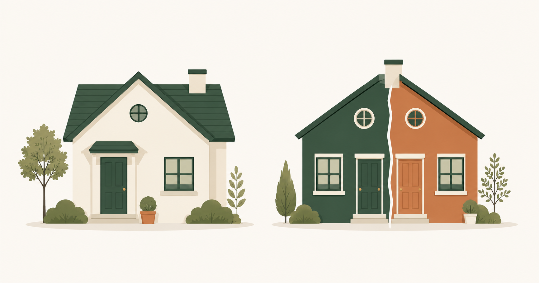 Two side-by-side house illustrations, one undivided and one split into two distinct coloured sections