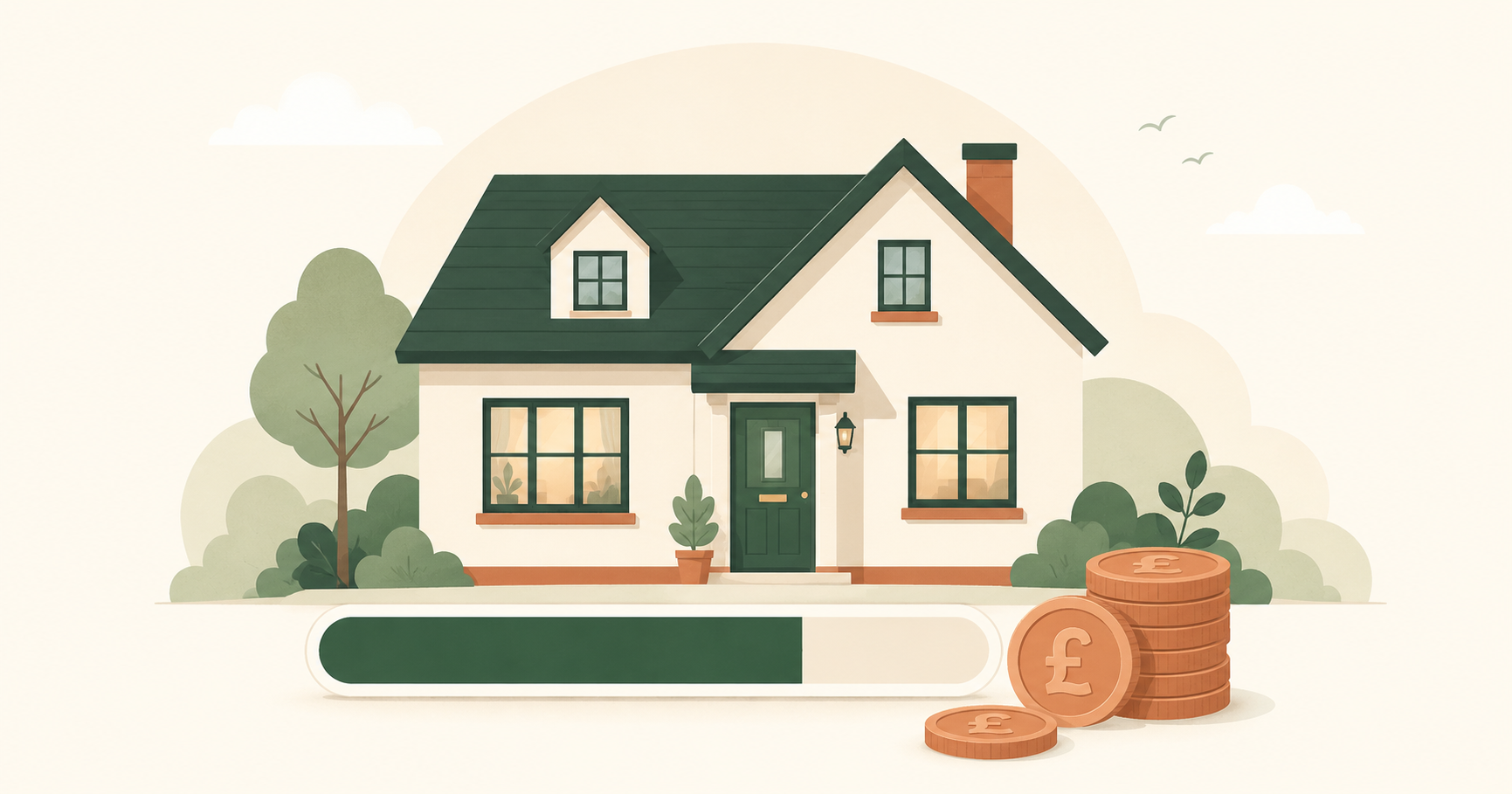 A house illustration with a progress bar representing equity building up