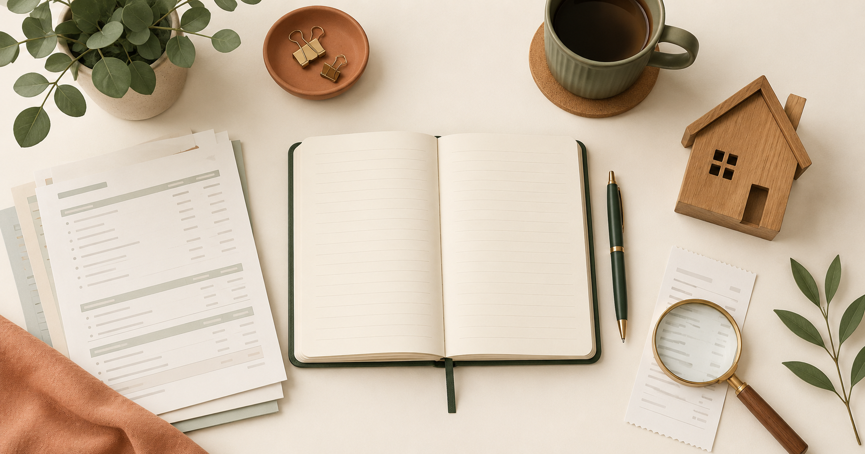 A notebook, a stack of bank statements, a small house model, and a magnifying glass resting on a receipt, viewed from above