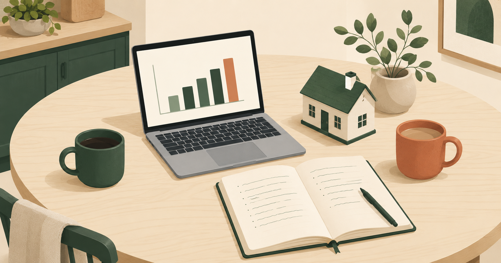 A kitchen table with a laptop showing a bar chart, a small house model, and a notebook