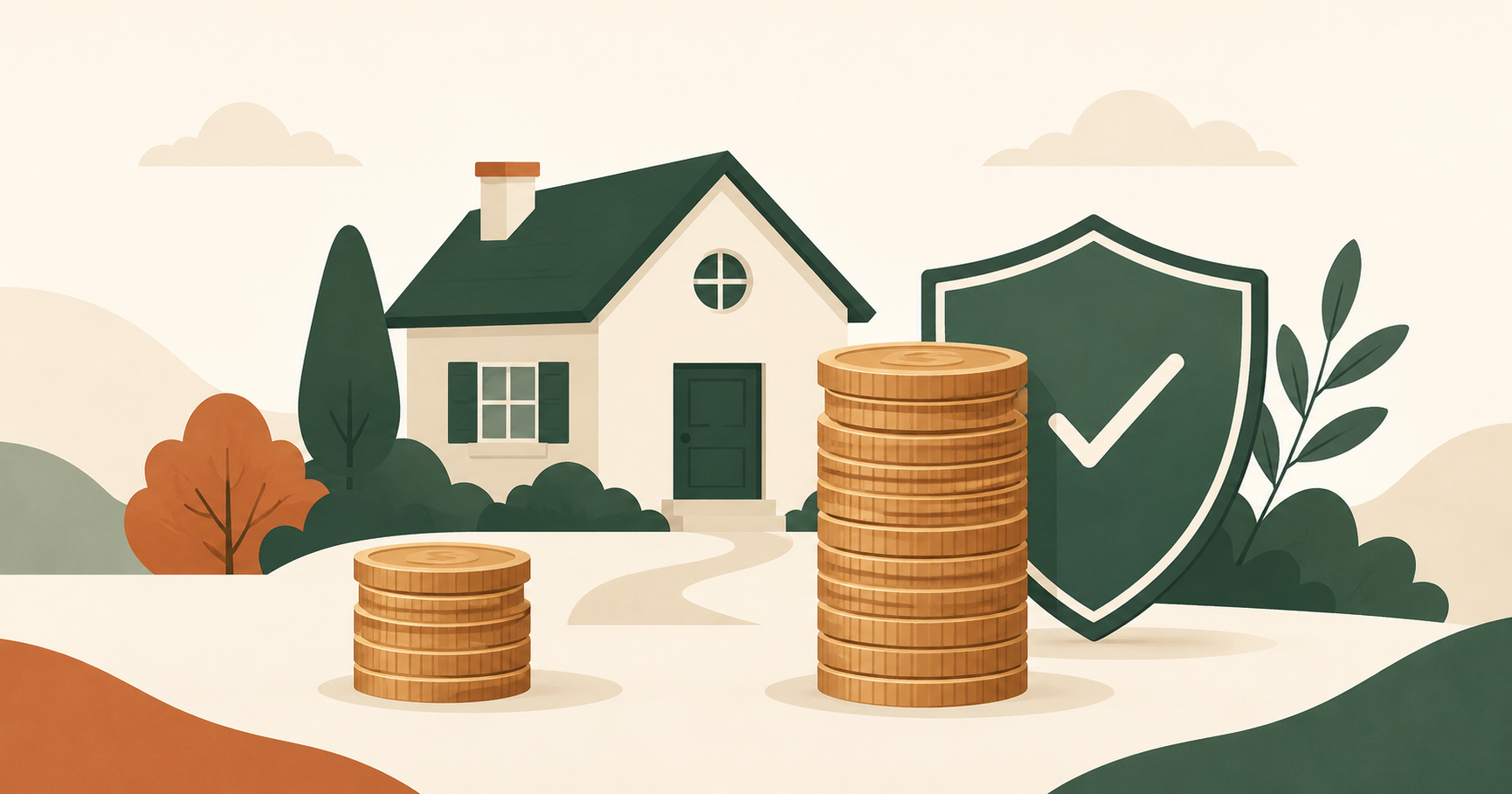 Two stacks of coins of clearly different heights in front of a small house, with a shield motif protecting the taller stack
