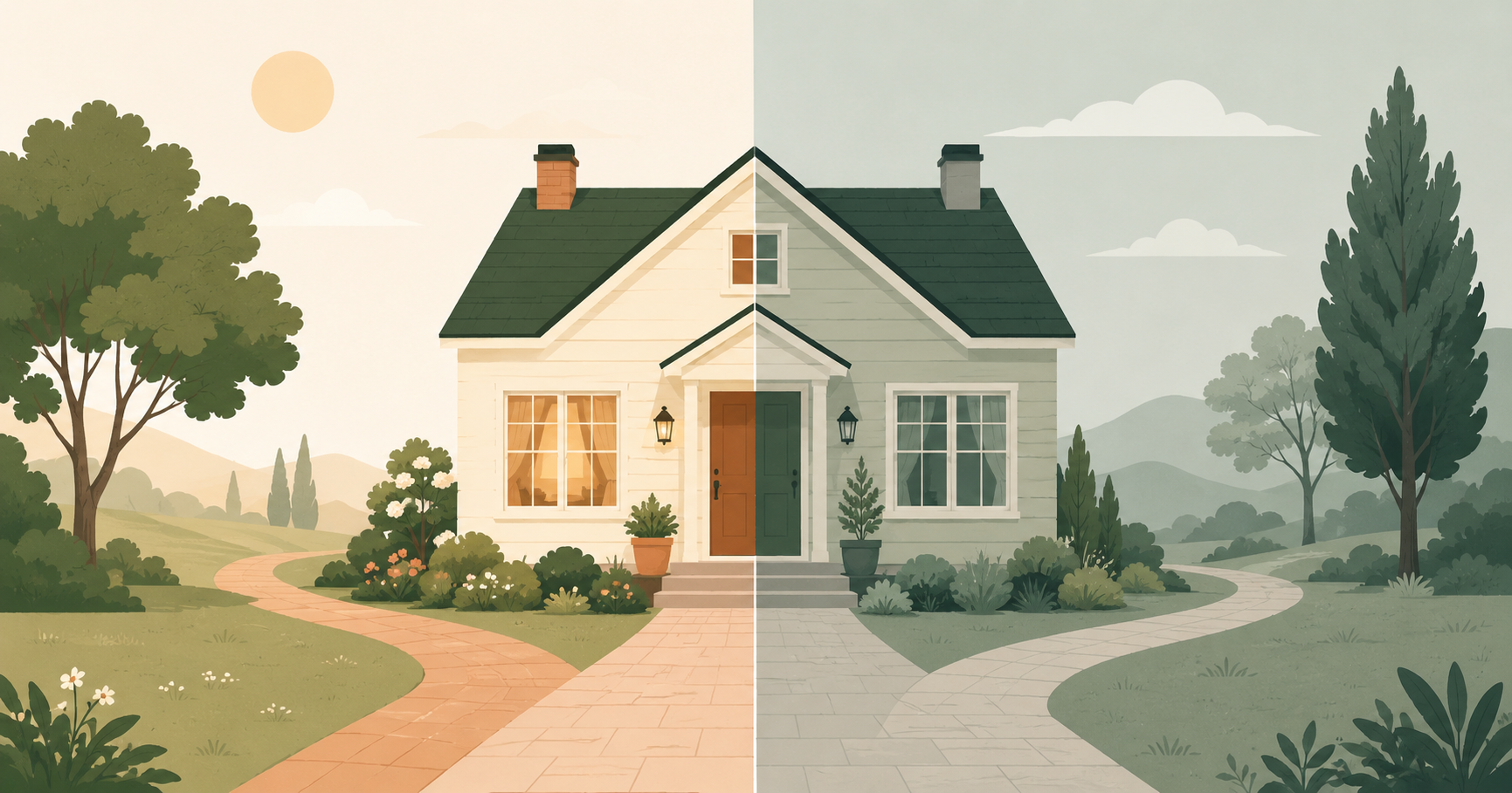 A house viewed from the front with a subtle dividing line down the middle and two separate paths